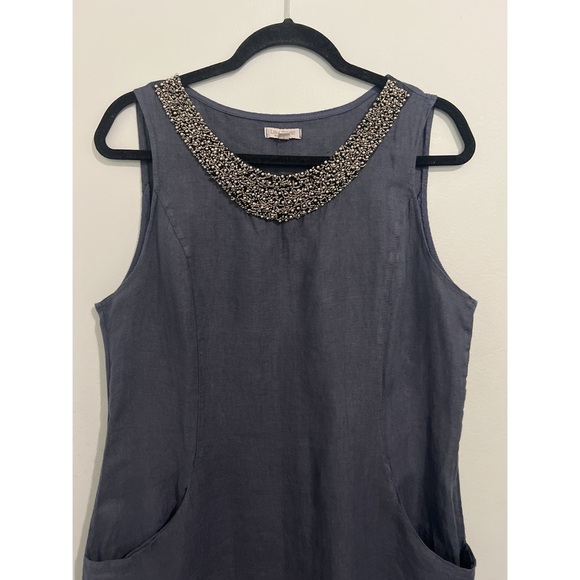Lina Tomei Dress Women’s Large Blue Gray Linen Sleeveless Beaded Lagenlook Italy - Picture 5 of 14